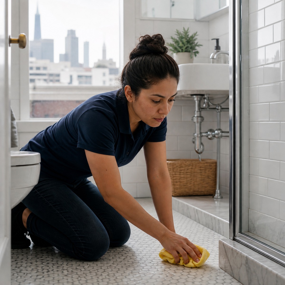 Professional cleaner wiping a tiled bathroom floor during dependable weekly cleaning in a Liberty Hill, TX home.