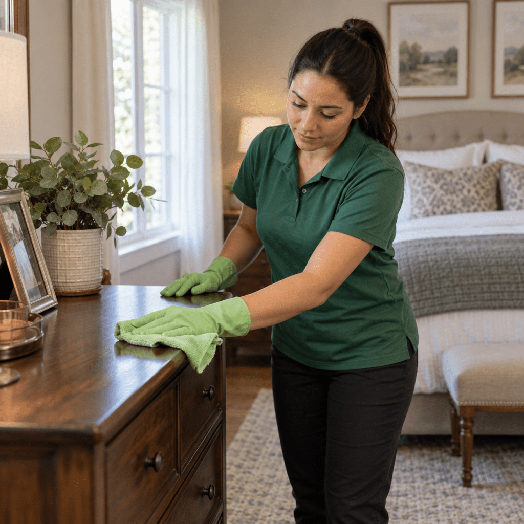 Professional cleaner dusting bedroom furniture during residential cleaning services near me