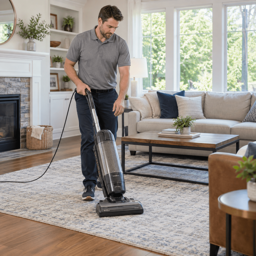 Professional cleaner vacuuming a living room rug during residential cleaning services in Leander, TX