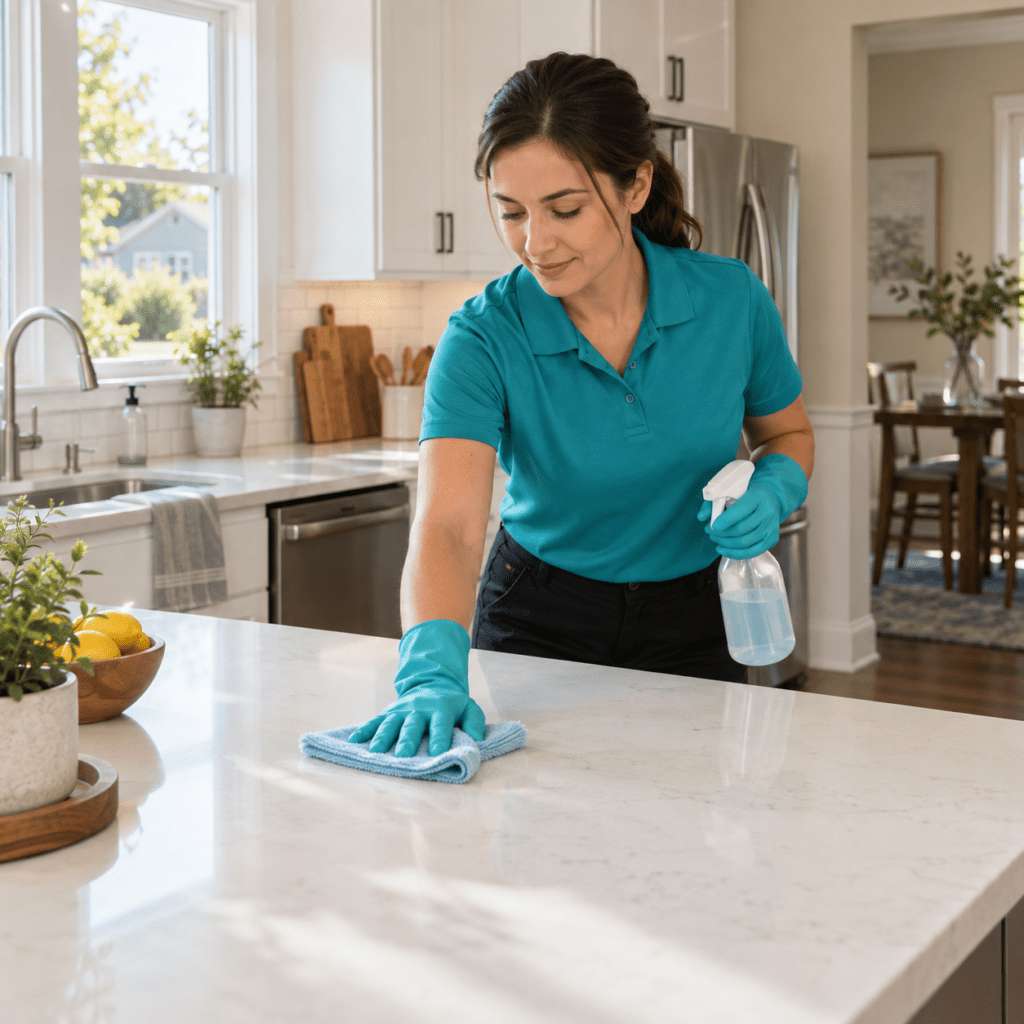 Professional cleaner wiping a kitchen countertop during residential cleaning services near me
