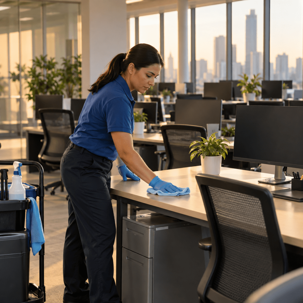 Professional cleaner wiping an office desk during commercial cleaning services in Kyle, TX near me Analyzing image