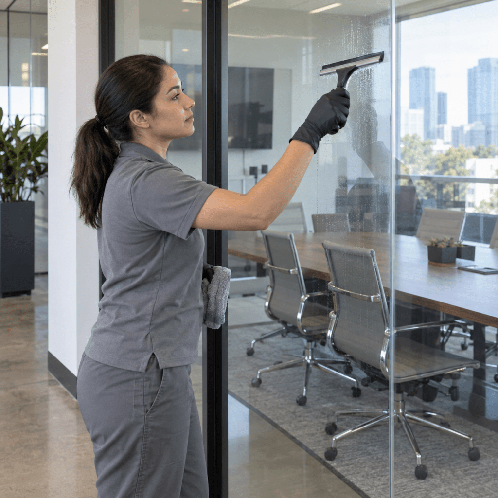 Professional cleaner using a squeegee on office glass during commercial cleaning services in Kyle, TX