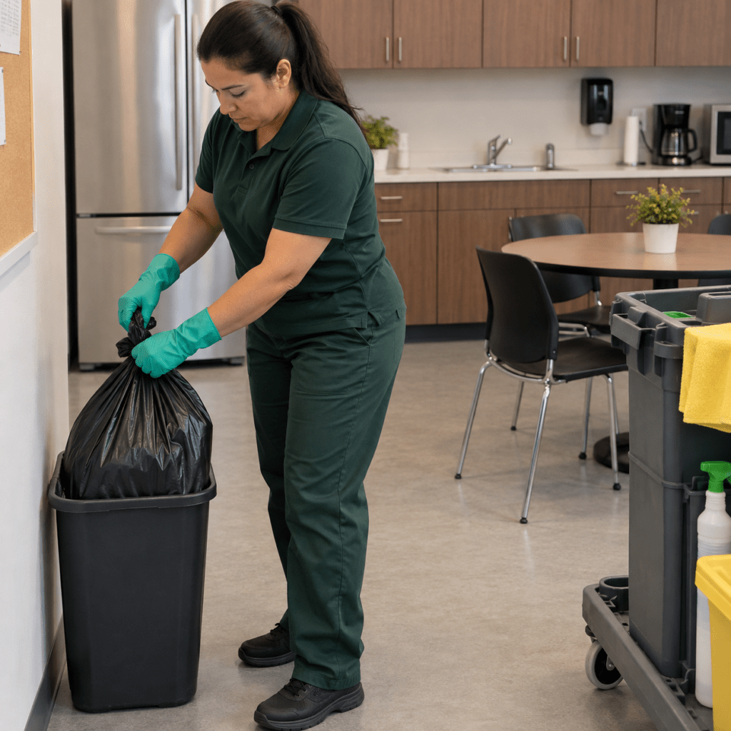 Professional cleaner removing a trash bag during commercial cleaning services near me