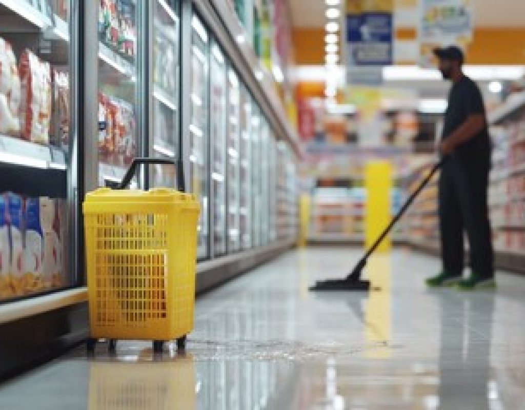 Cleaning crew maintaining hygiene standards in commercial retail space