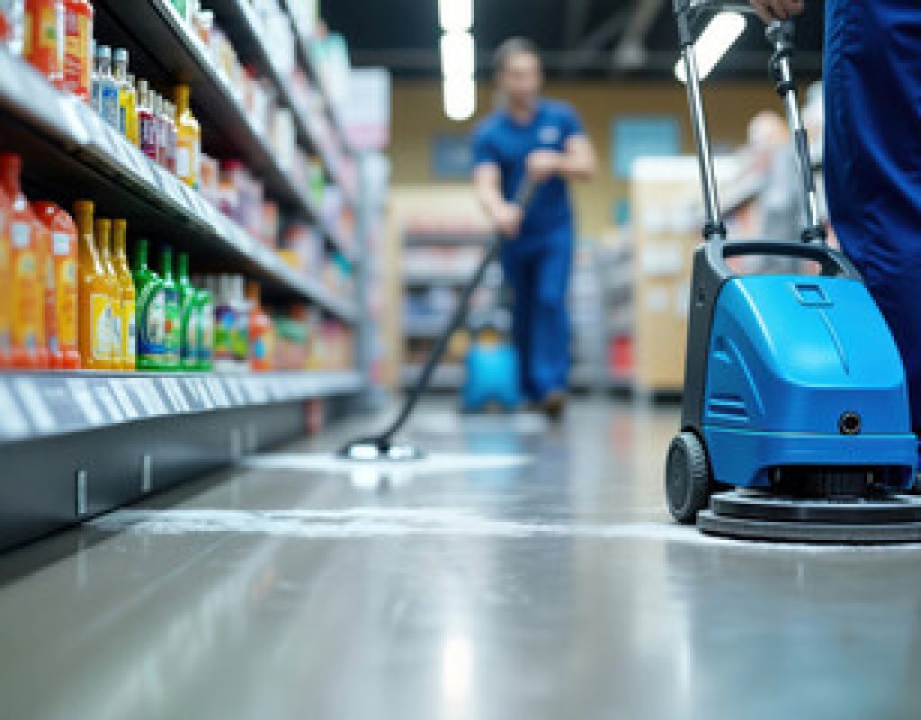 Professional retail cleaning service maintaining clean and organized store environment