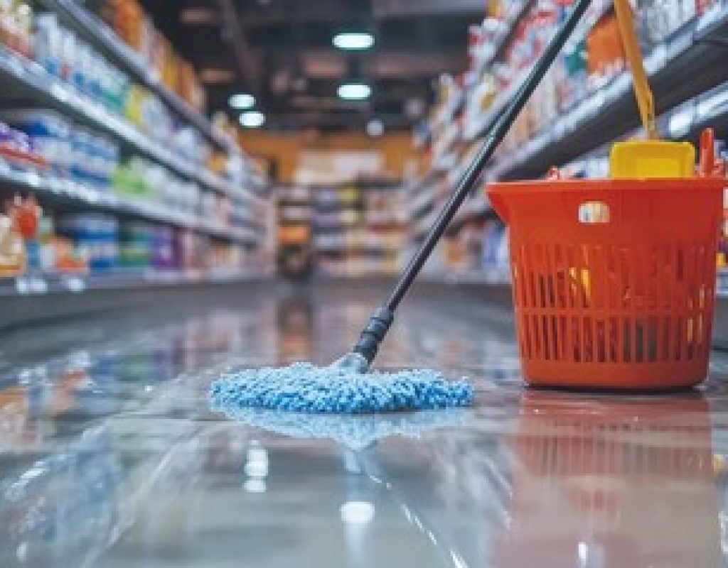 Retail store cleaning with polished floors and dust free display shelves