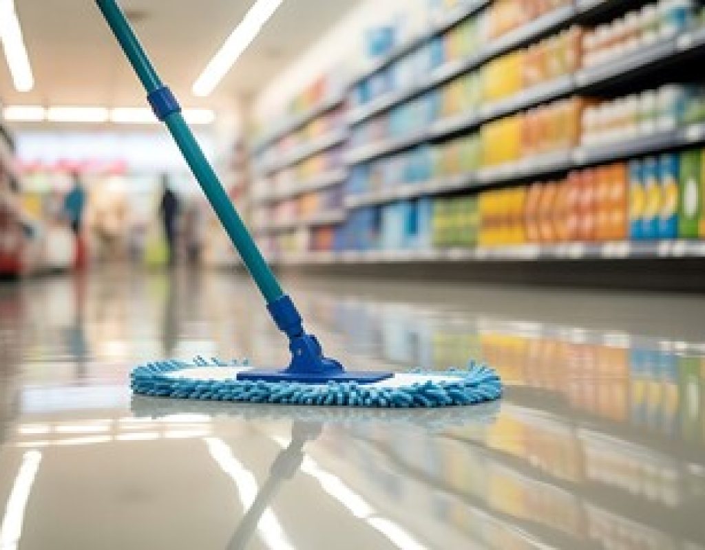 Store cleaning service removing dirt and debris from retail flooring