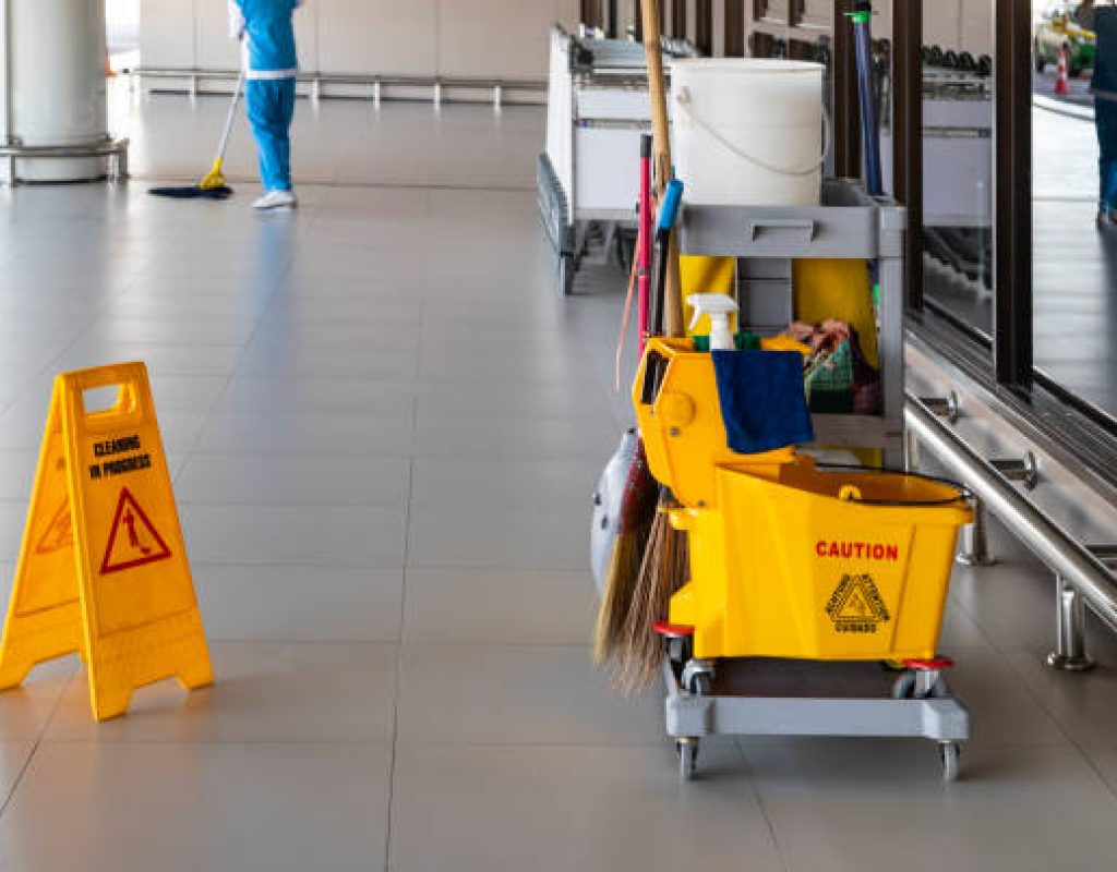 Expert commercial cleaning team sanitizing office workspace